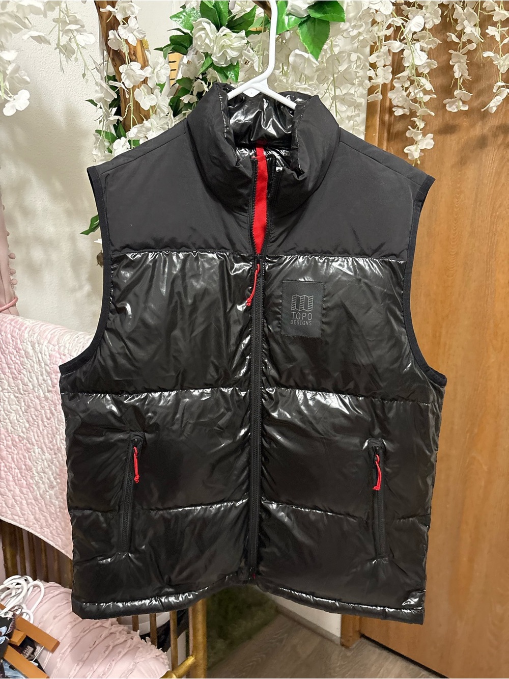 Topo Designs Black Puffer Vest with Red Zip Accents